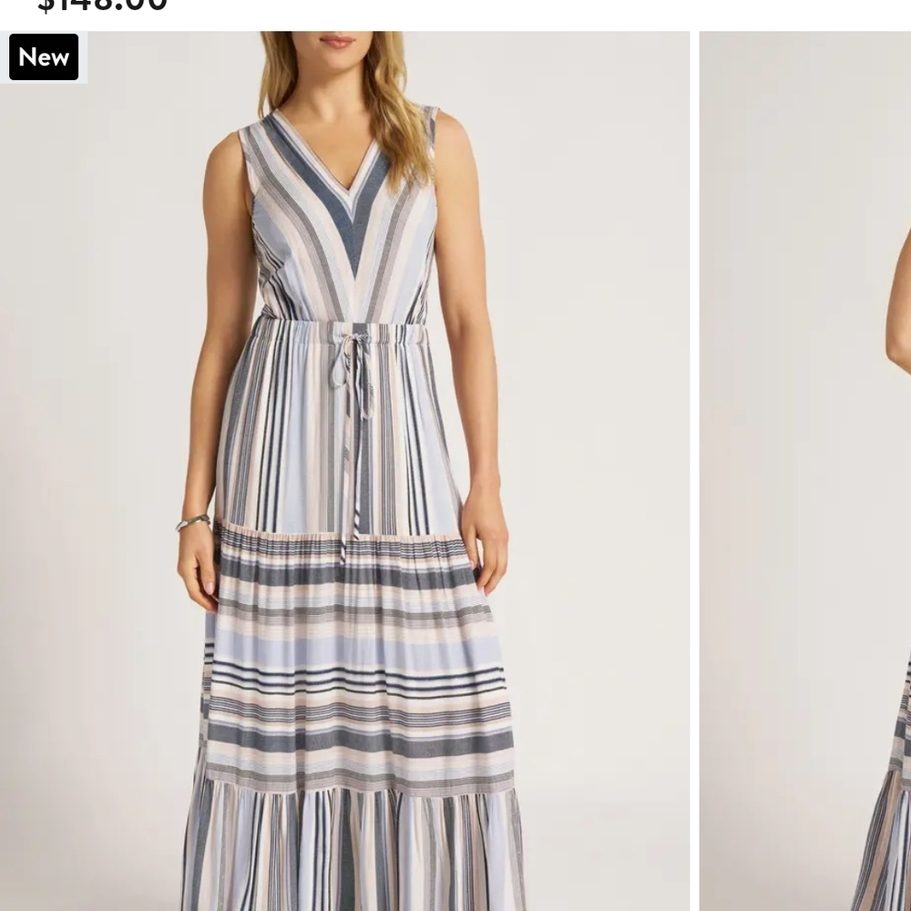 Matty M Striped Sleeveless V-Neck Maxi Dress in Blue, Gray, Cream